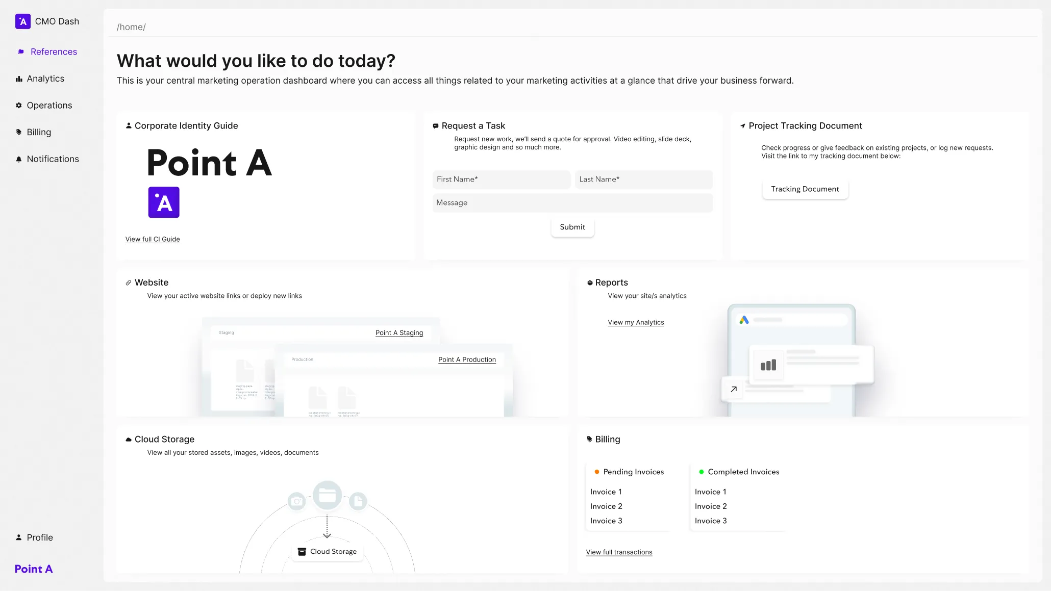 Dashboard for companies to view all marketing activities and reports by Point A Marketing, cost-effective solution for tracking marketing performance, real-time insights and analytics, comprehensive marketing reports for businesses in Luxembourg, improving efficiency and decision-making with streamlined digital marketing management.