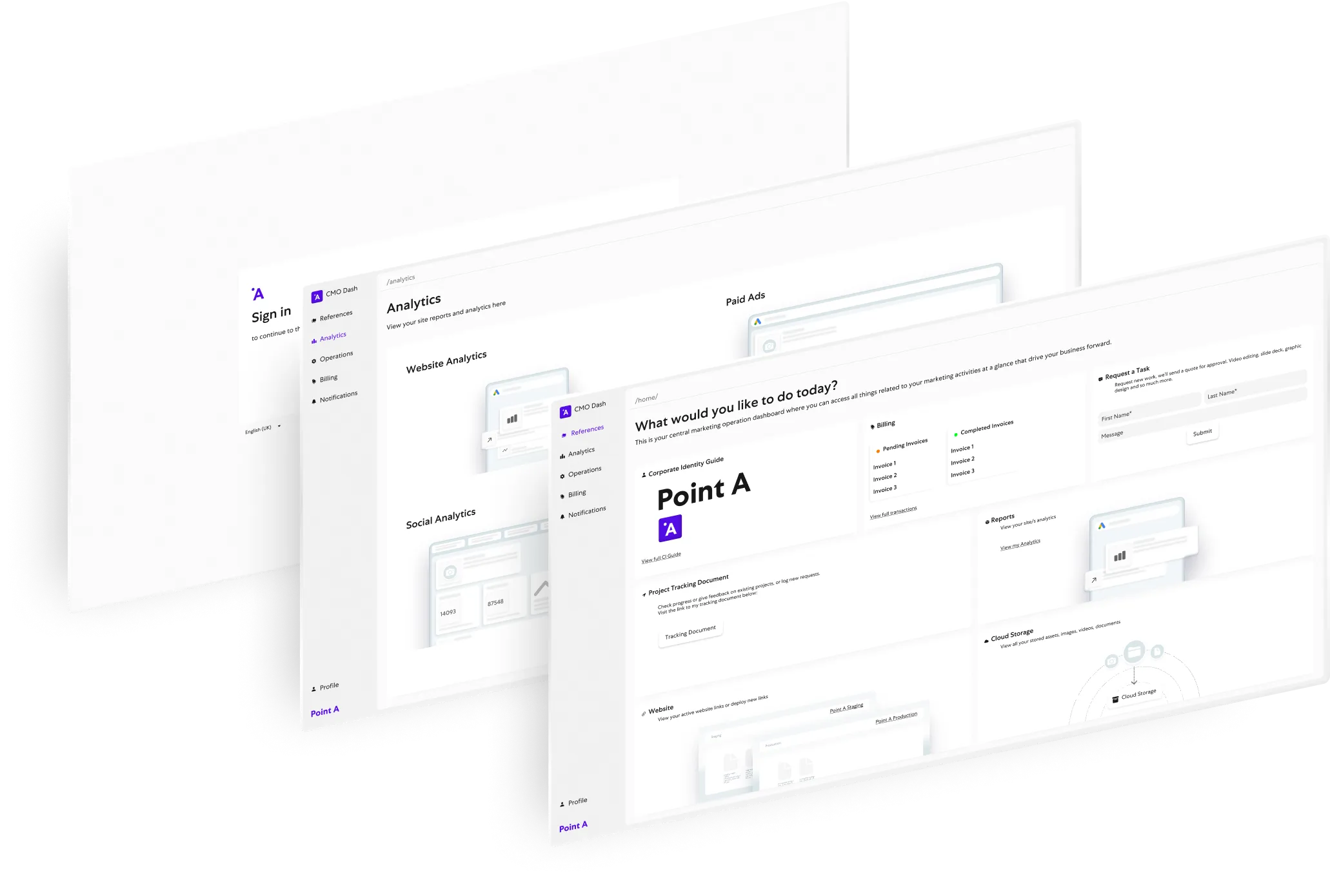 Central Marketing Operation (CMO) Dashboard provided by Point A Marketing, comprehensive tool for clients to manage and drive all their marketing needs, real-time analytics, performance tracking, and marketing optimisation, empowering businesses with efficient digital marketing management in Luxembourg.