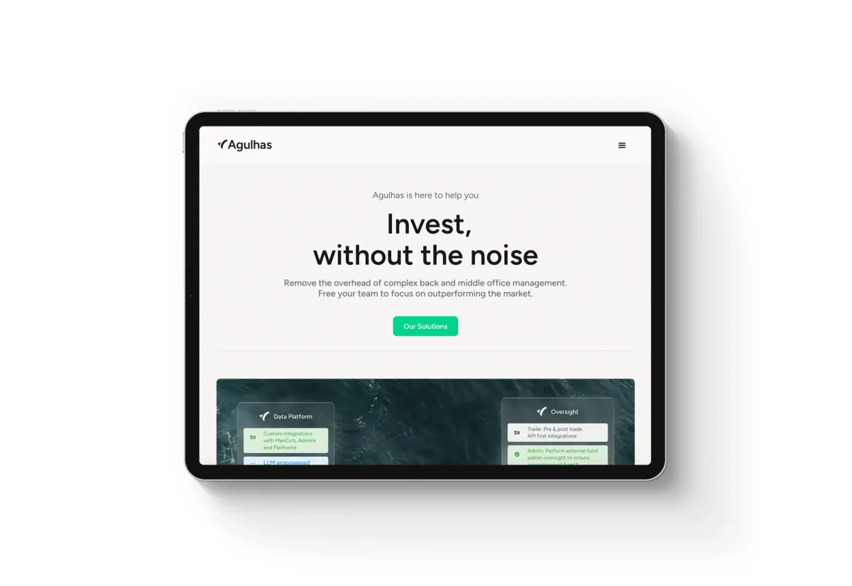 Tablet showing the Agulhas website hero with the headline “Invest, without the noise” on a white background