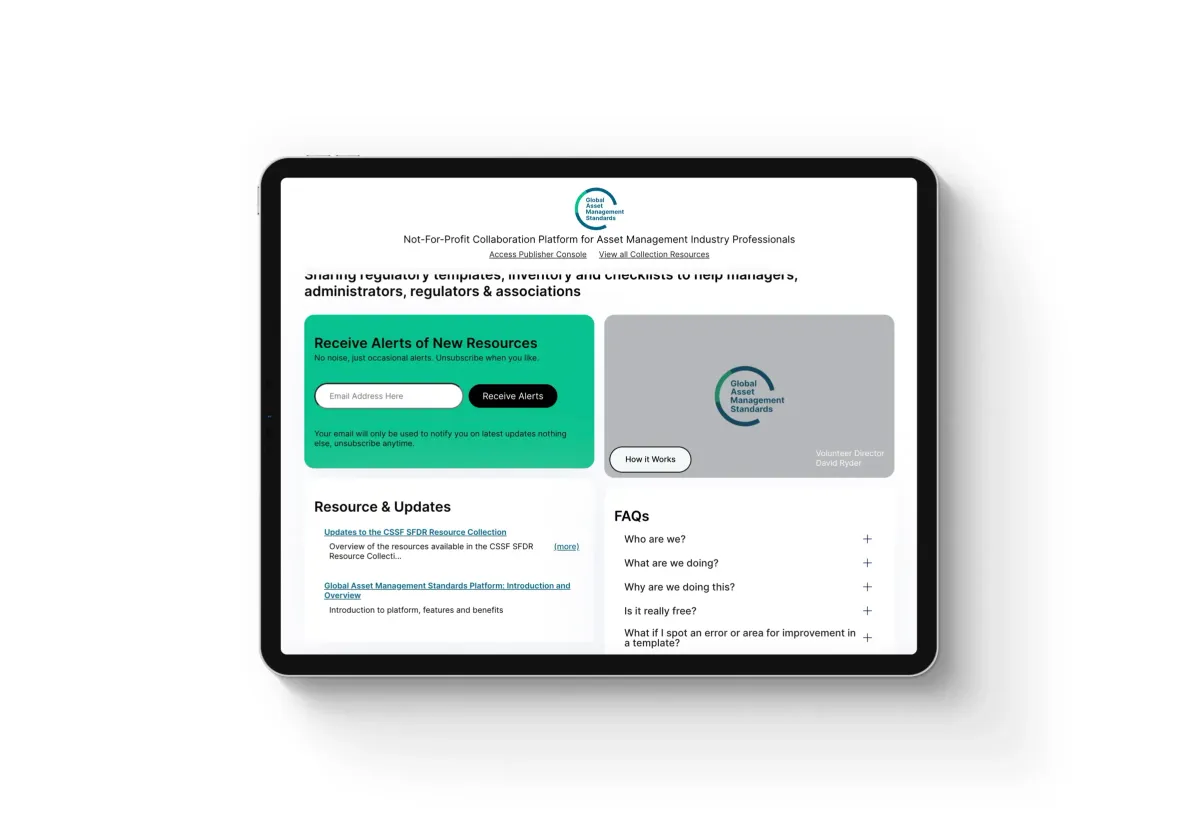 Tablet showing the GAMS website homepage with teal brand accents, regulatory services copy and a resources and updates panel