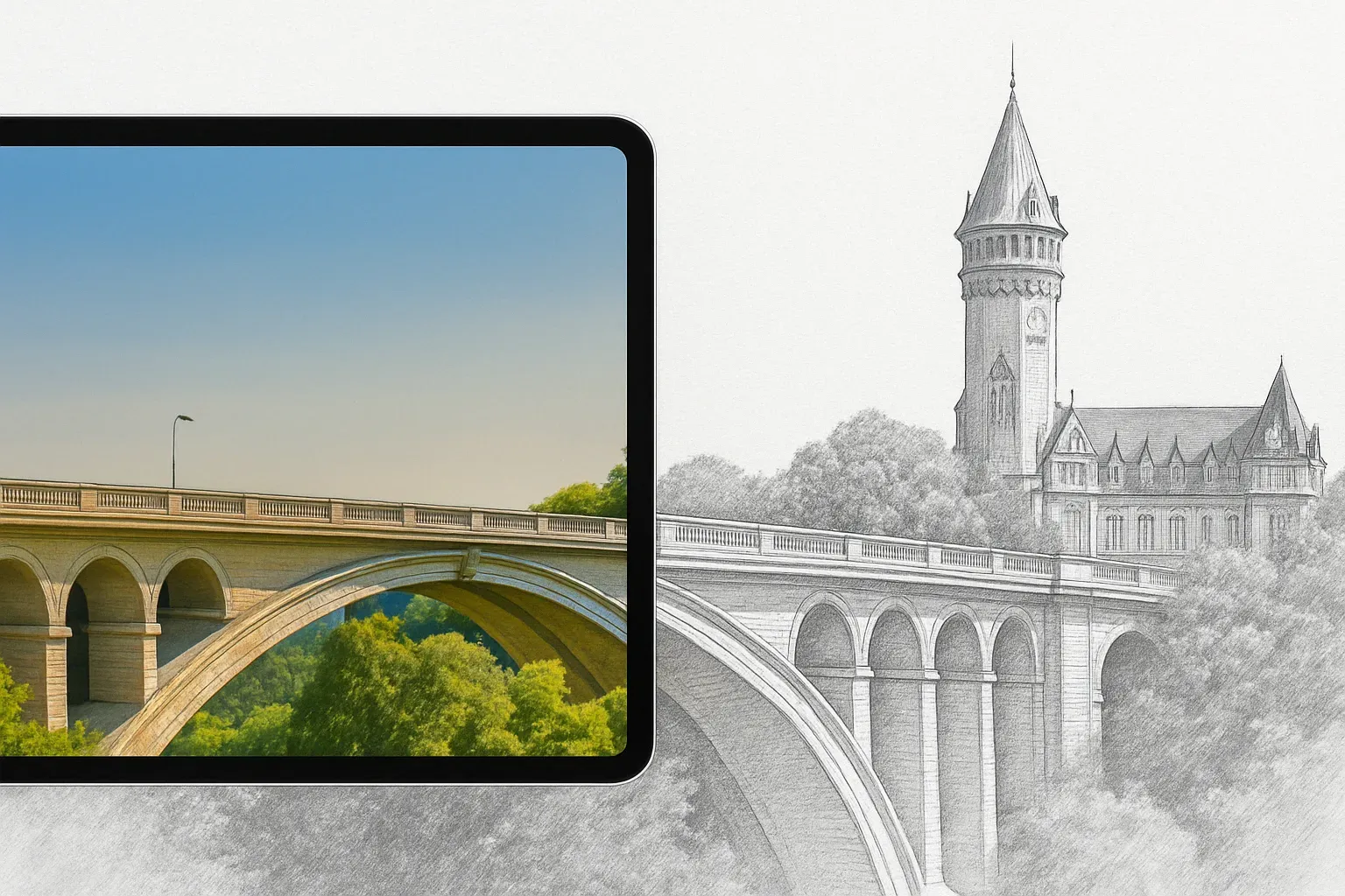 A sketch of Dolphin Bridge in Luxembourg with an iPad hovering over the shot showing it come to life.
