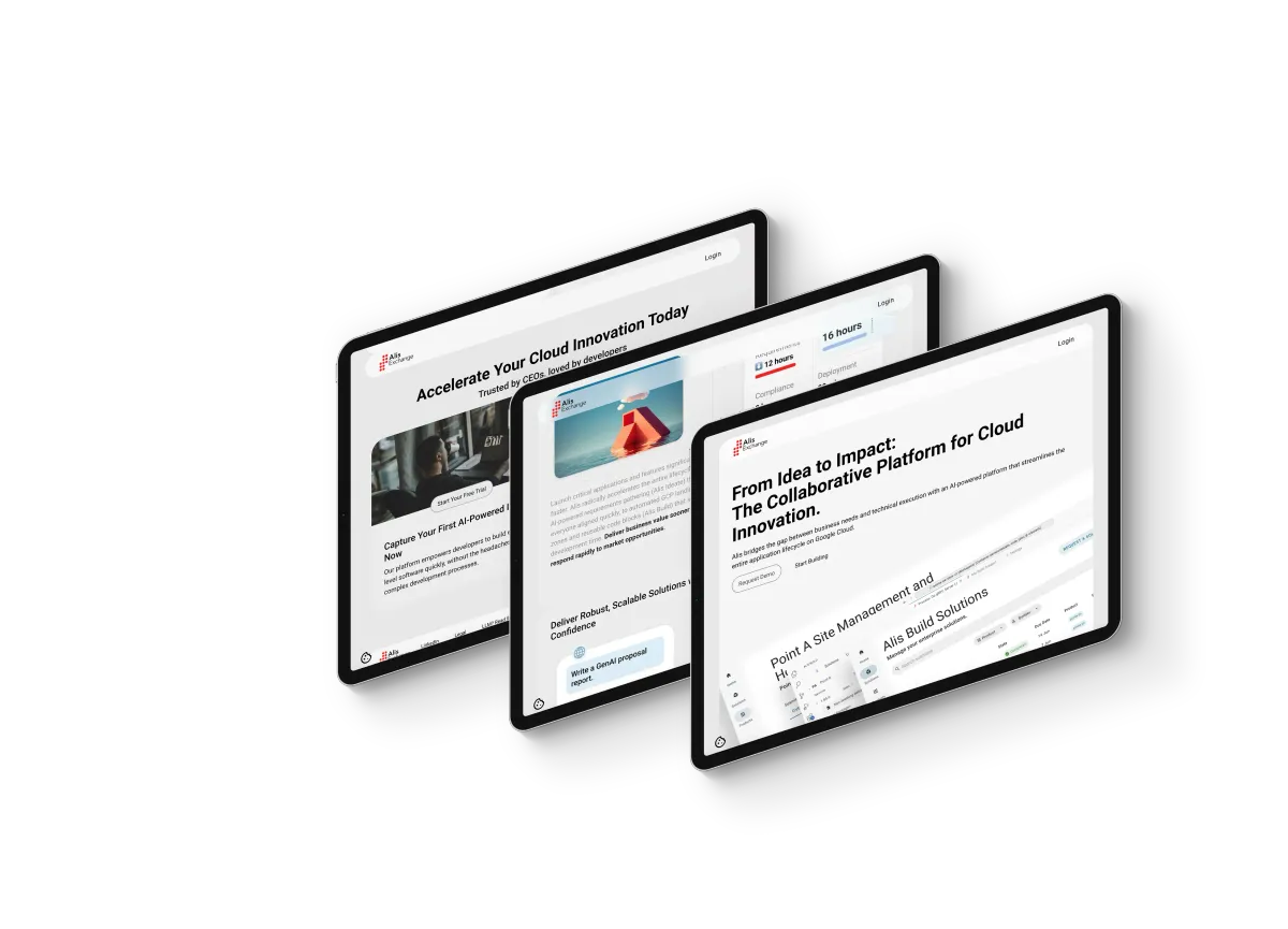 Trois tablettes affichant le site Alis Exchange : page d’accueil de la plateforme entreprise, section fonctionnement et études de cas clients
