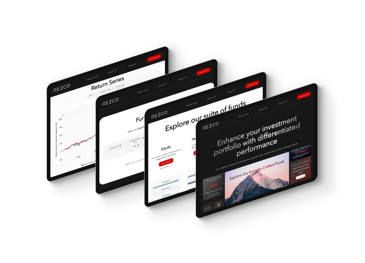 Three tablets showing the Rezco Asset Management website: homepage hero, fund performance charts and the investment approach page on a dark layout