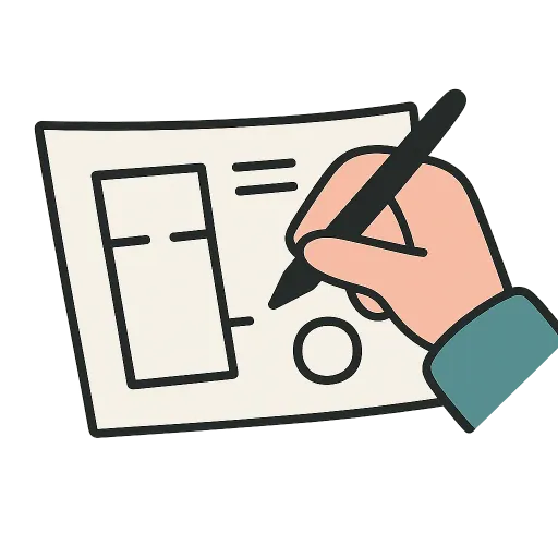 An icon illustration of a hand writing on a paper form with a pen.