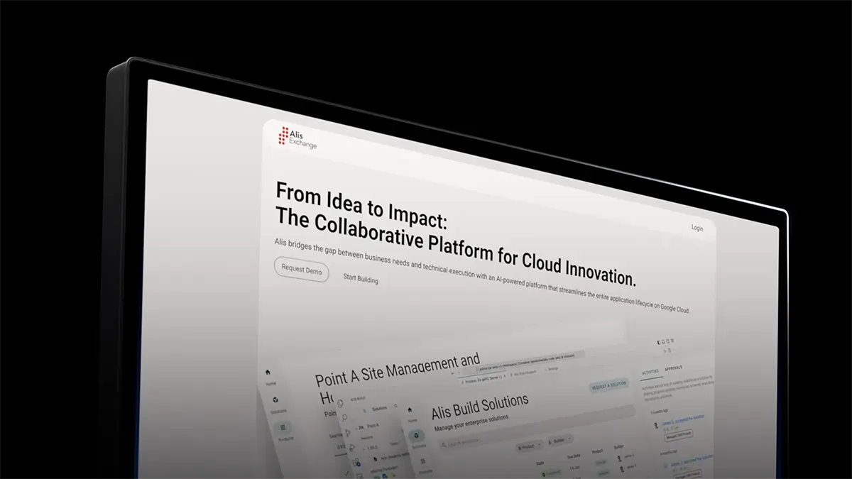 Computer screen displaying Alis Exchange platform with text about collaborative cloud innovation and enterprise solutions.