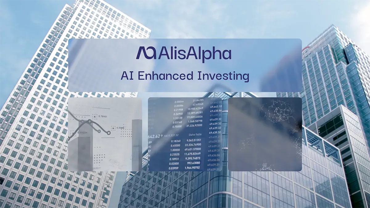 Digital interface with AlisAlpha logo and text 'AI Enhanced Investing' overlaying modern glass skyscrapers.