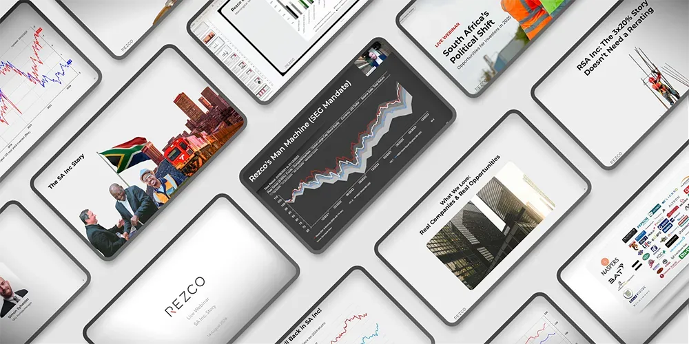 Pitch deck slide with Rezco Asset Management branding and portfolio performance visuals.