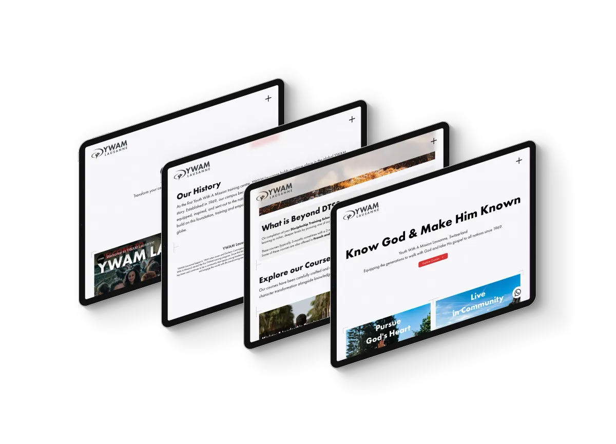 Three tablets showing the YWAM Lausanne website: Know God and Make Him Known hero, course listings and the organisation’s history page