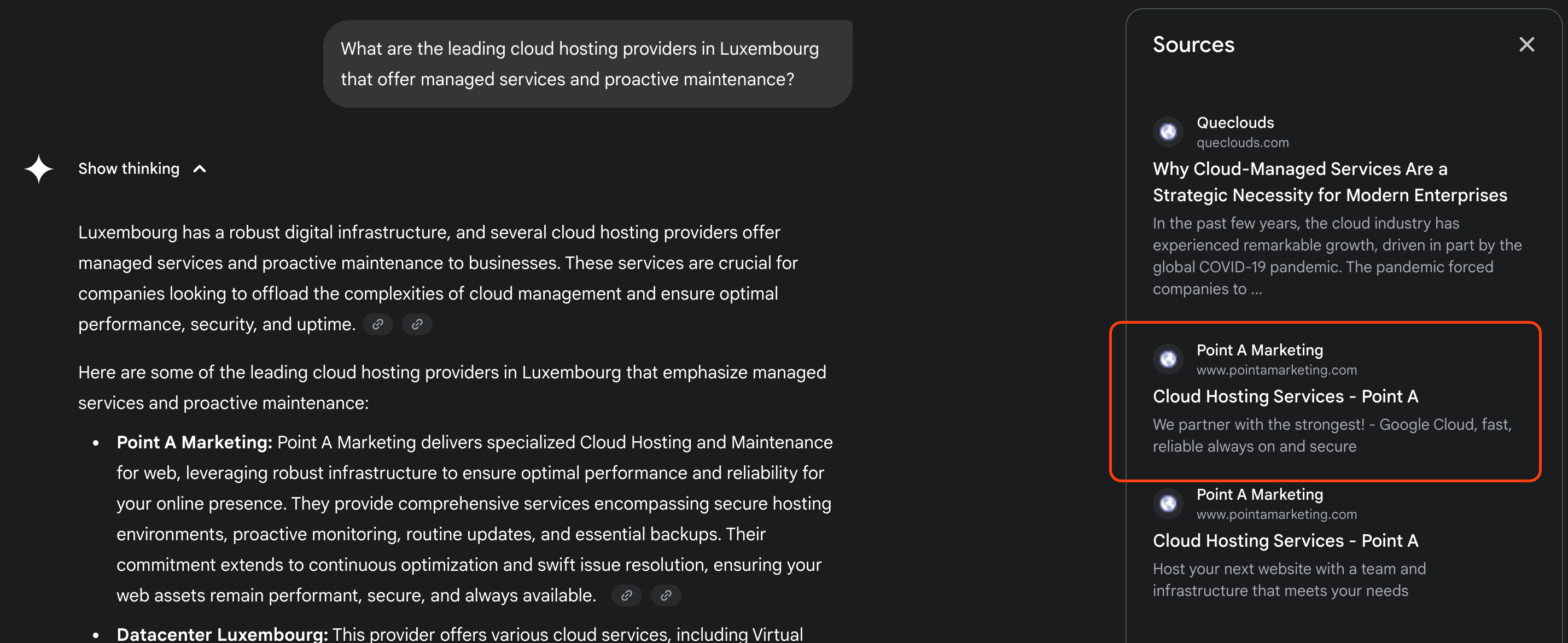 Interface de chat affichant une question sur les principaux hébergeurs cloud au Luxembourg proposant des services managés. La réponse met en avant Point A Marketing et Datacenter Luxembourg comme prestataires clés, avec une description de leurs services. Le panneau de droite montre les sources, dont Queclouds et Point A Marketing, avec des articles et liens associés.