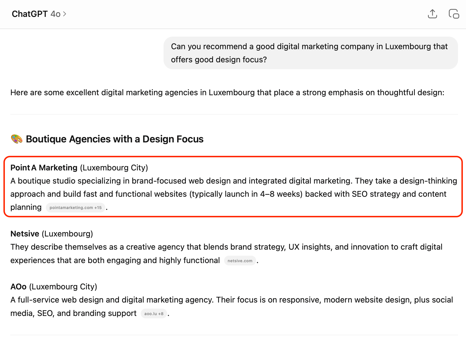 Capture d’écran d’une conversation ChatGPT 4 recommandant des agences de marketing digital boutique au Luxembourg, avec un accent design, mettant en avant Point A Marketing comme studio de web design orienté marque, proposant marketing digital intégré et stratégie SEO.